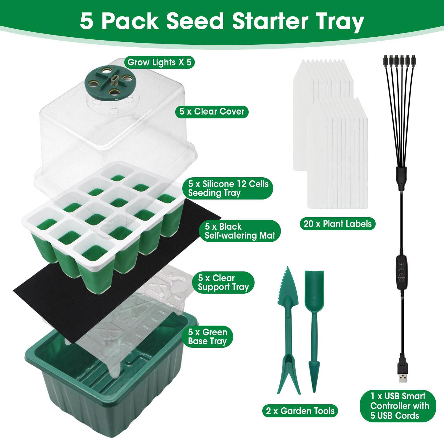 5PCS 60 Cell Self Watering Seed Starter Tray with Grow Light, Reusable Silicone Seed Starter Kit with Humidity Dome, 60 Cells Plant Germination Trays for Seeding Planting Growing