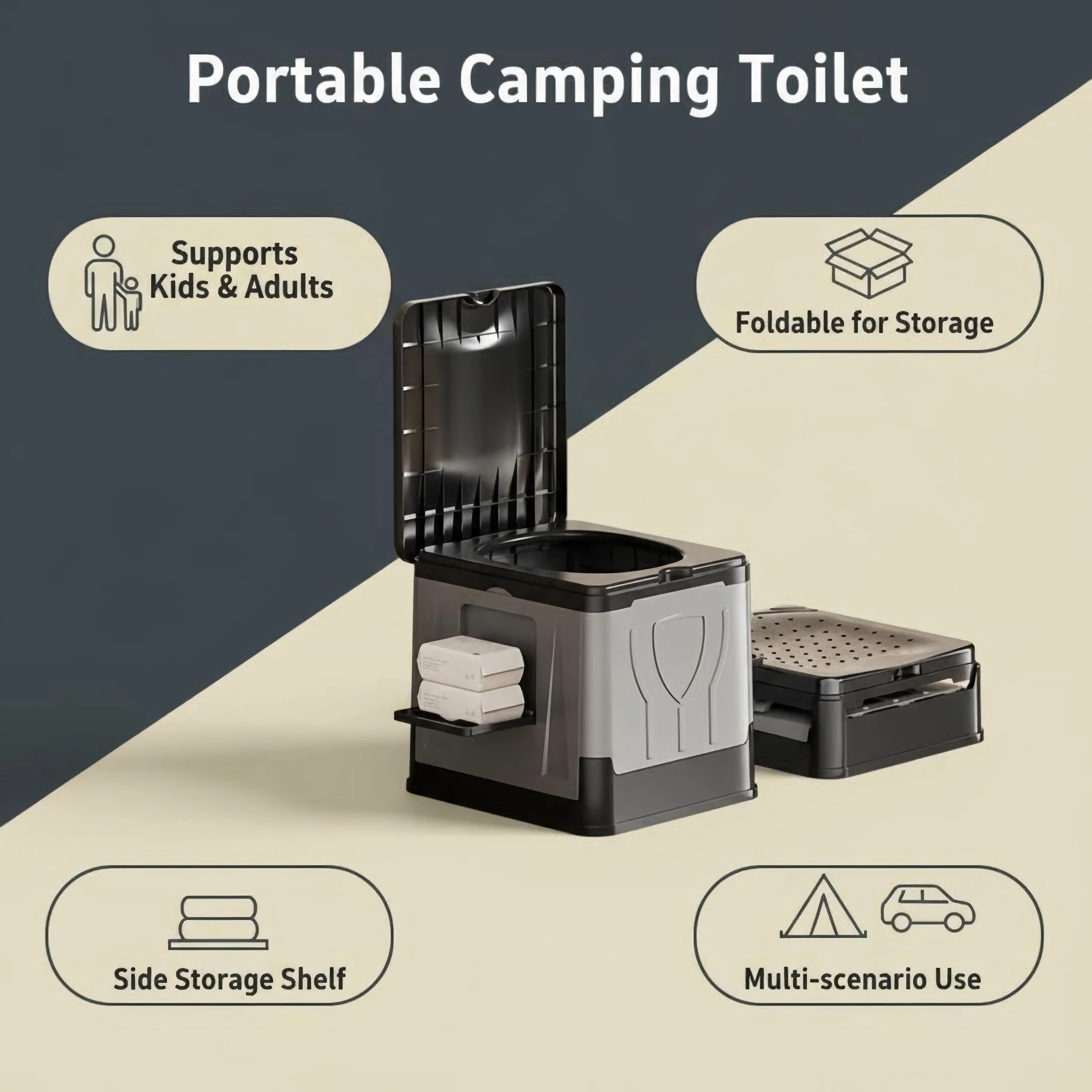 MQJIAZHI Portable Folding Toilet with Lid - Includes 1 Pack of Waste Bags, Collapsible Camping Travel Potty, Bedside Commode for Car & Emergency, Grey