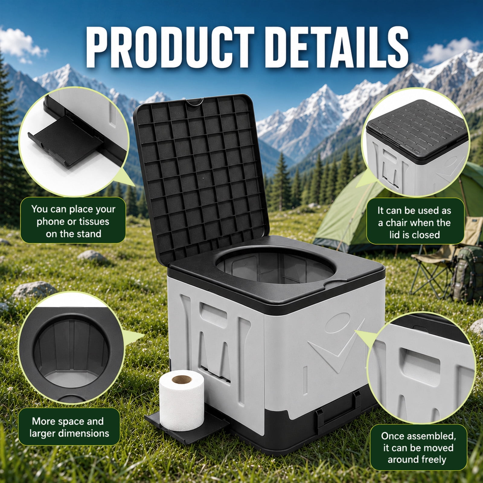 MQJIAZHI 55L Portable Folding Toilet with Lid - Includes 1 Pack of Waste Bags, Collapsible Camping Travel Potty, Bedside Commode for Car & Emergency, Grey