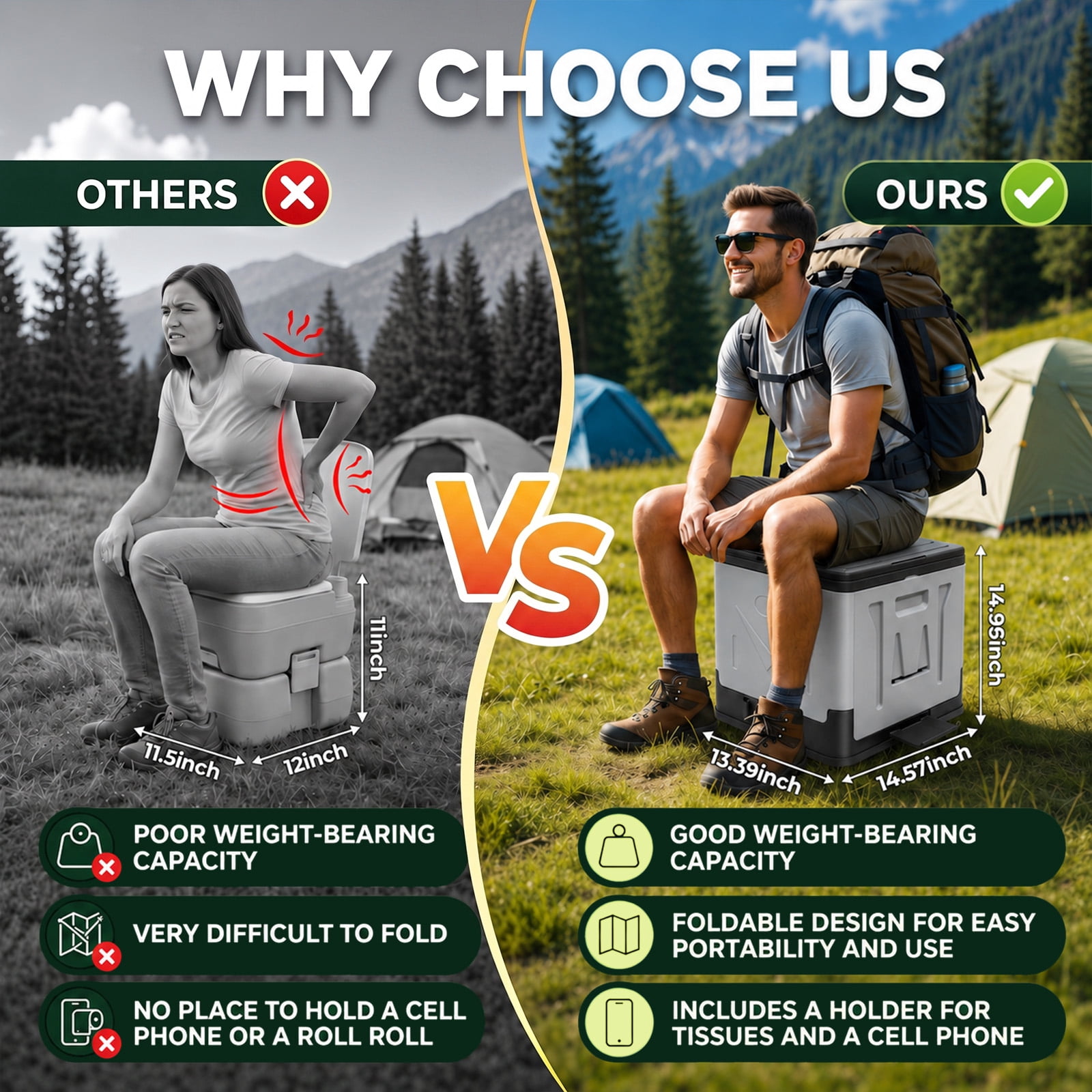 MQJIAZHI 55L Portable Folding Toilet with Lid - Includes 1 Pack of Waste Bags, Collapsible Camping Travel Potty, Bedside Commode for Car & Emergency, Grey
