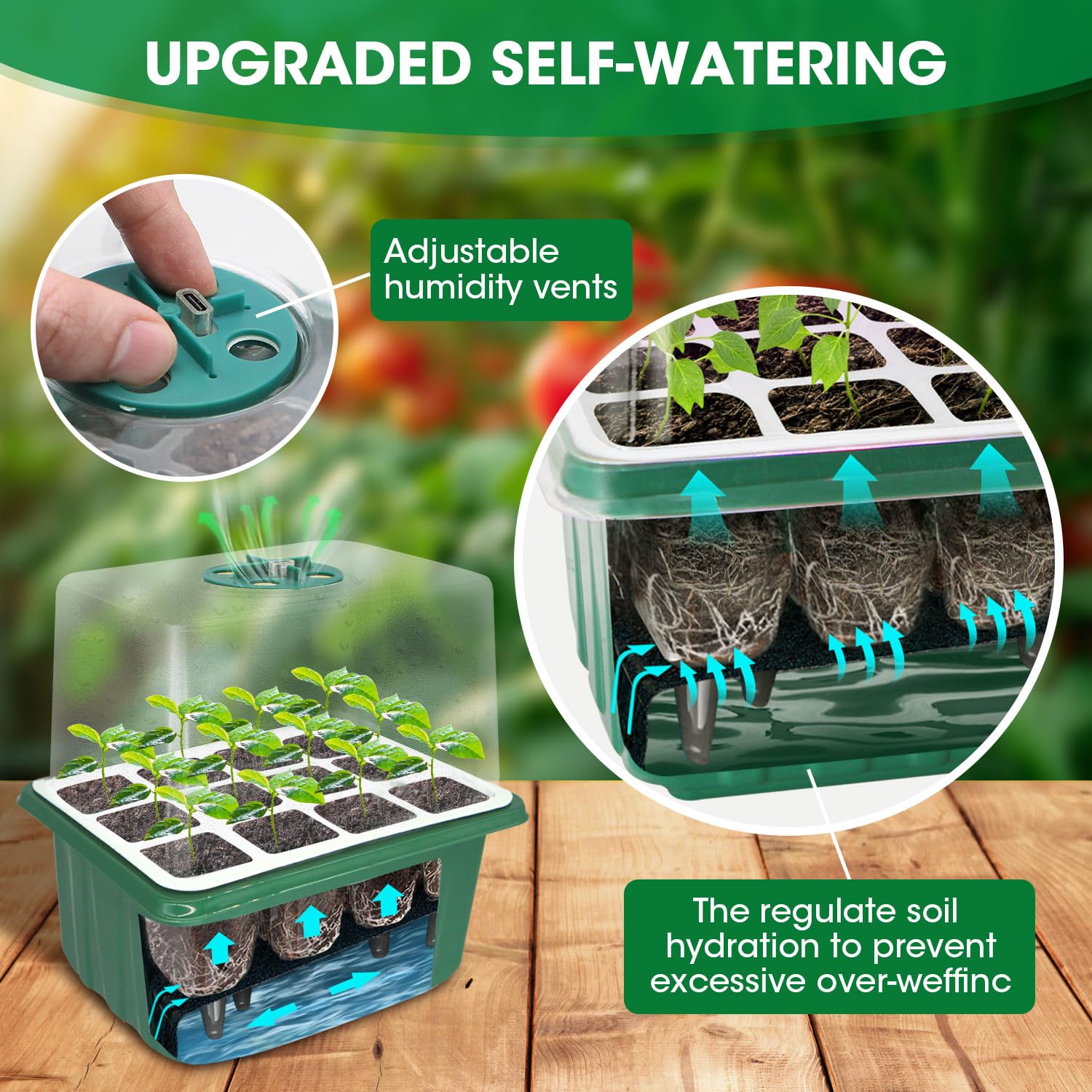5PCS 60 Cell Self Watering Seed Starter Tray with Grow Light, Reusable Silicone Seed Starter Kit with Humidity Dome, 60 Cells Plant Germination Trays for Seeding Planting Growing