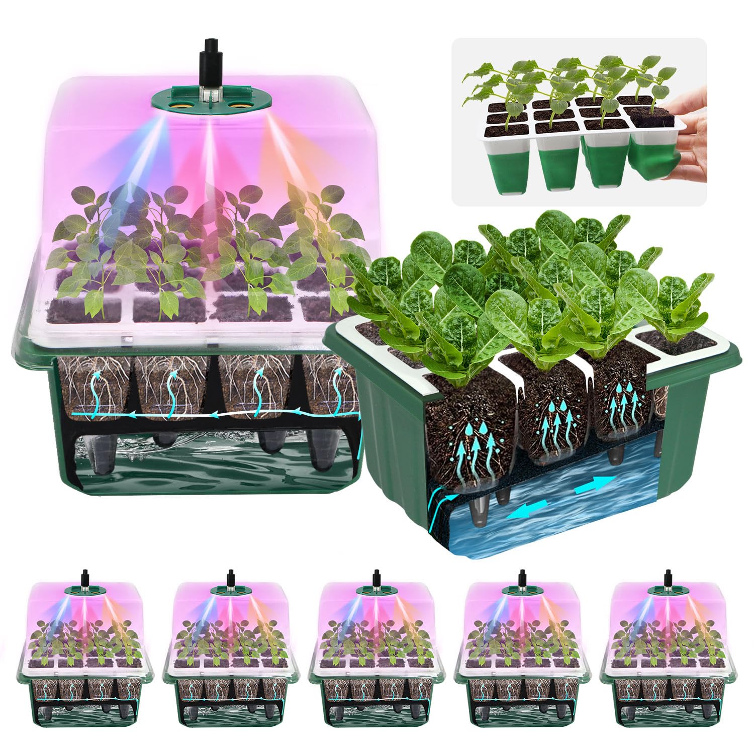 5PCS 60 Cell Self Watering Seed Starter Tray with Grow Light, Reusable Silicone Seed Starter Kit with Humidity Dome, 60 Cells Plant Germination Trays for Seeding Planting Growing