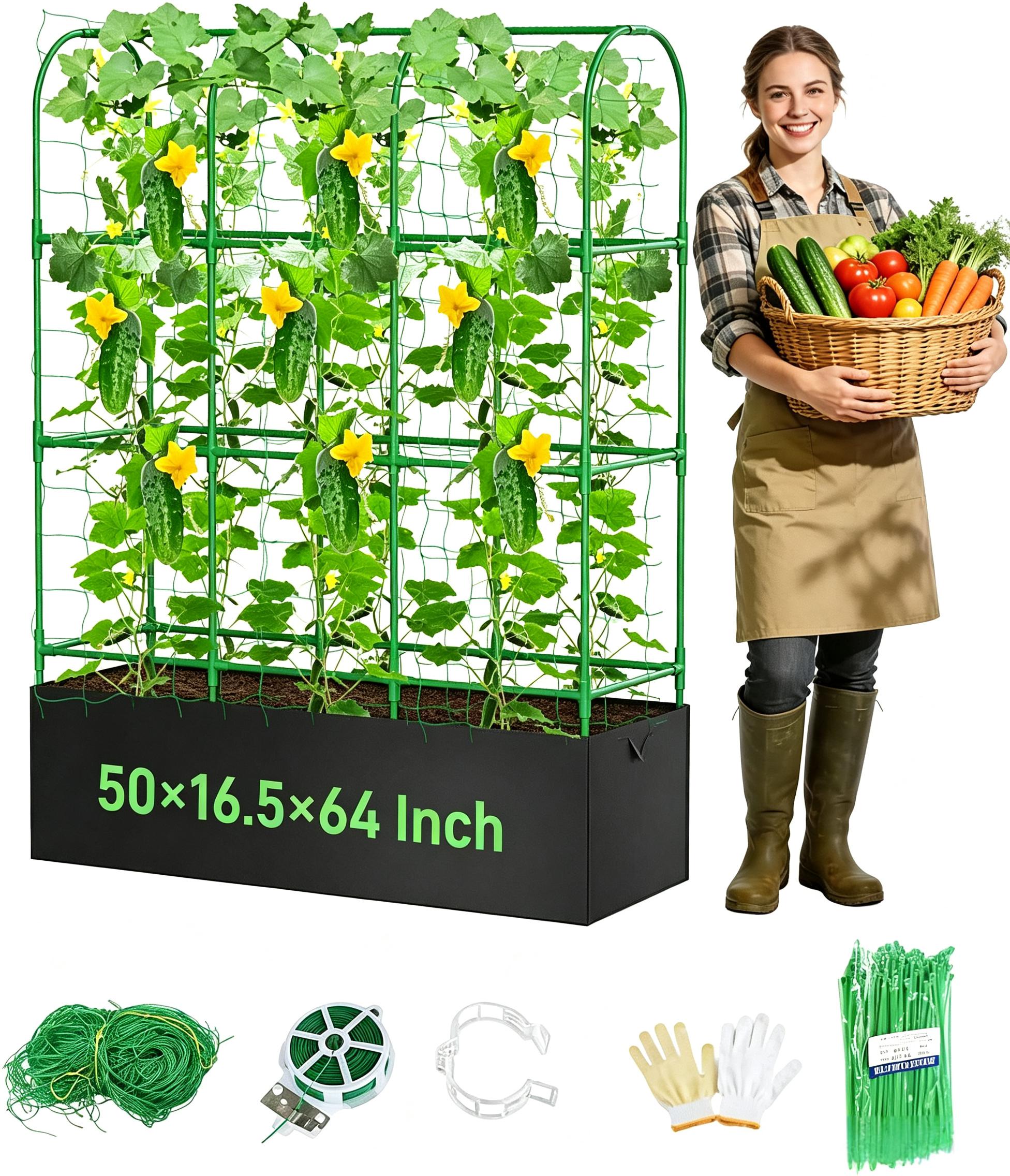 50"x64" Cucumber Trellis with for Climbing Plants, Garden Trellis with Grow Bags, Metal Plant Trellis with Garden Netting for Vegetables Flowers Fruits (U-4 Arches)