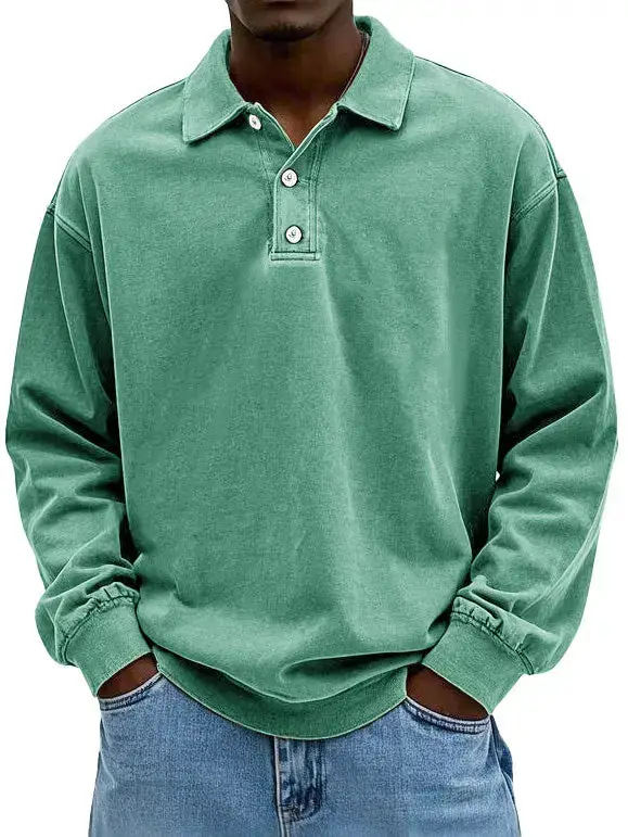 Clearance sale 70% off - Men's Fashion Retro Washed Distressed Cotton Lapel Long Sleeve Polo Shirt