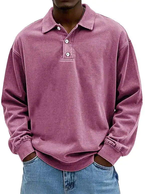 Clearance sale 70% off - Men's Fashion Retro Washed Distressed Cotton Lapel Long Sleeve Polo Shirt
