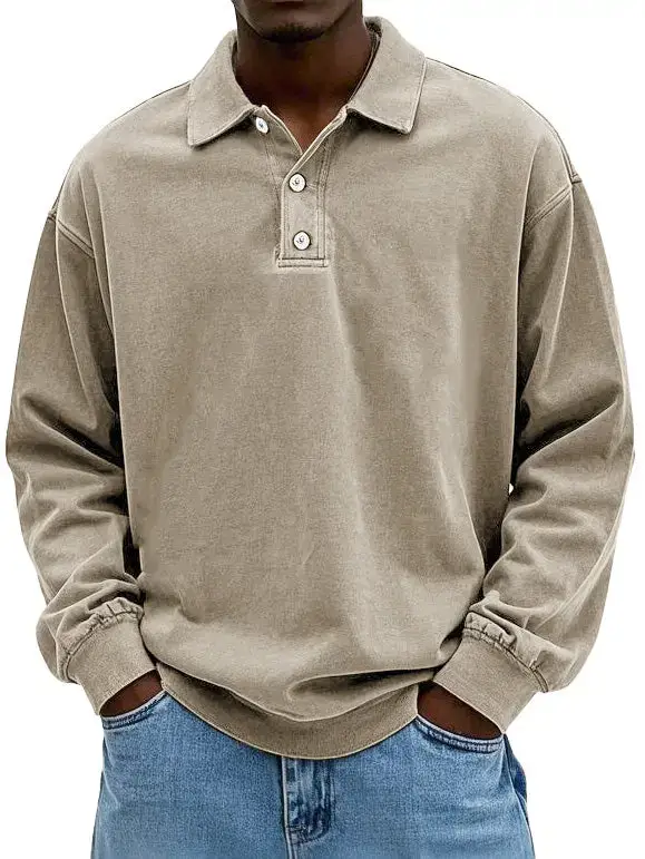 Clearance sale 70% off - Men's Fashion Retro Washed Distressed Cotton Lapel Long Sleeve Polo Shirt