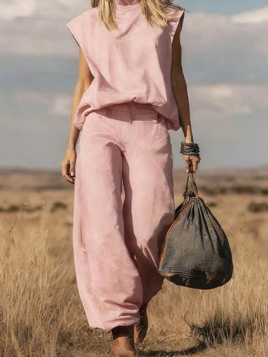 High Waisted Loose Pockets Solid Color Mock Neck Suits Vest Top + Pants Bottom Two Pieces Set