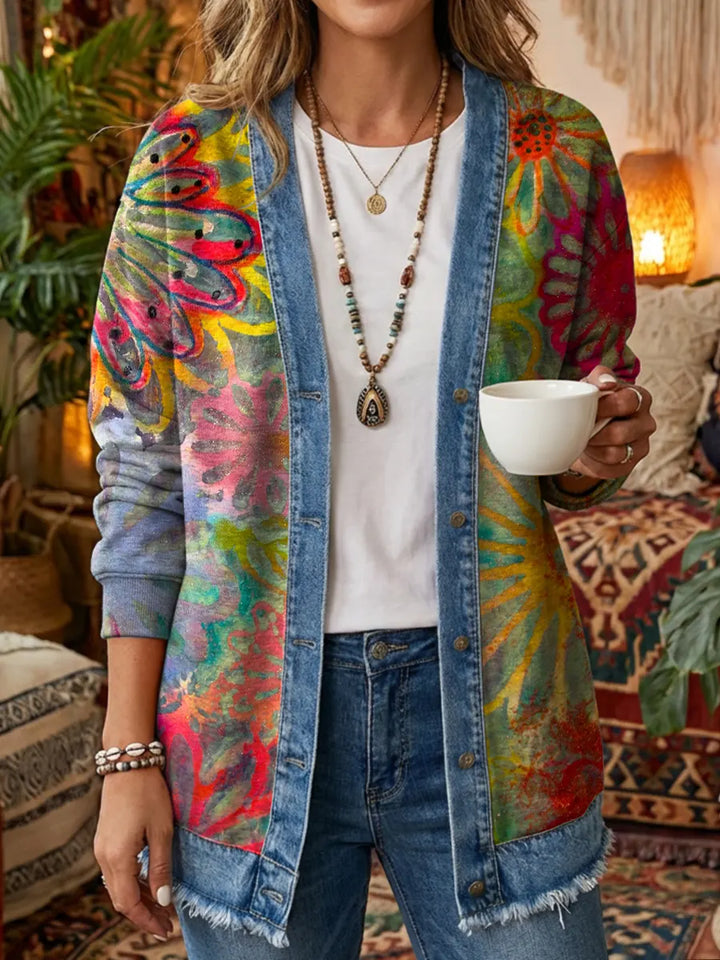  🔥 Women's elegant, slim-fitting denim jacket with vintage floral pattern.