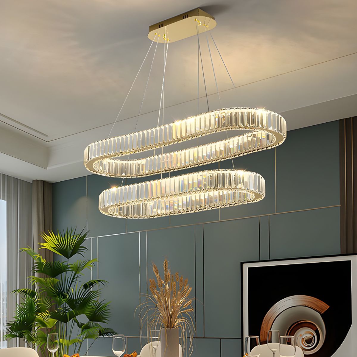 Oval Crystal LED Chandelier with Dimmable Light and Adjustable Height