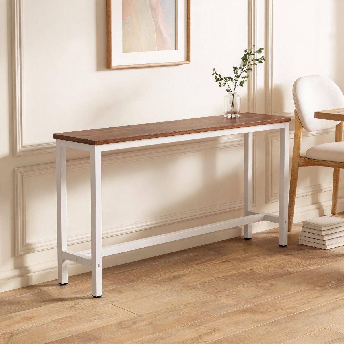 47-Inch Slim Bar Table with Golden Wood Top and White Metal Frame