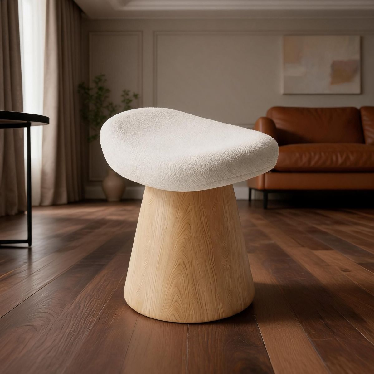 Cream Upholstered Swivel Vanity Stool with Wood-Grain Base and Crescent Seat