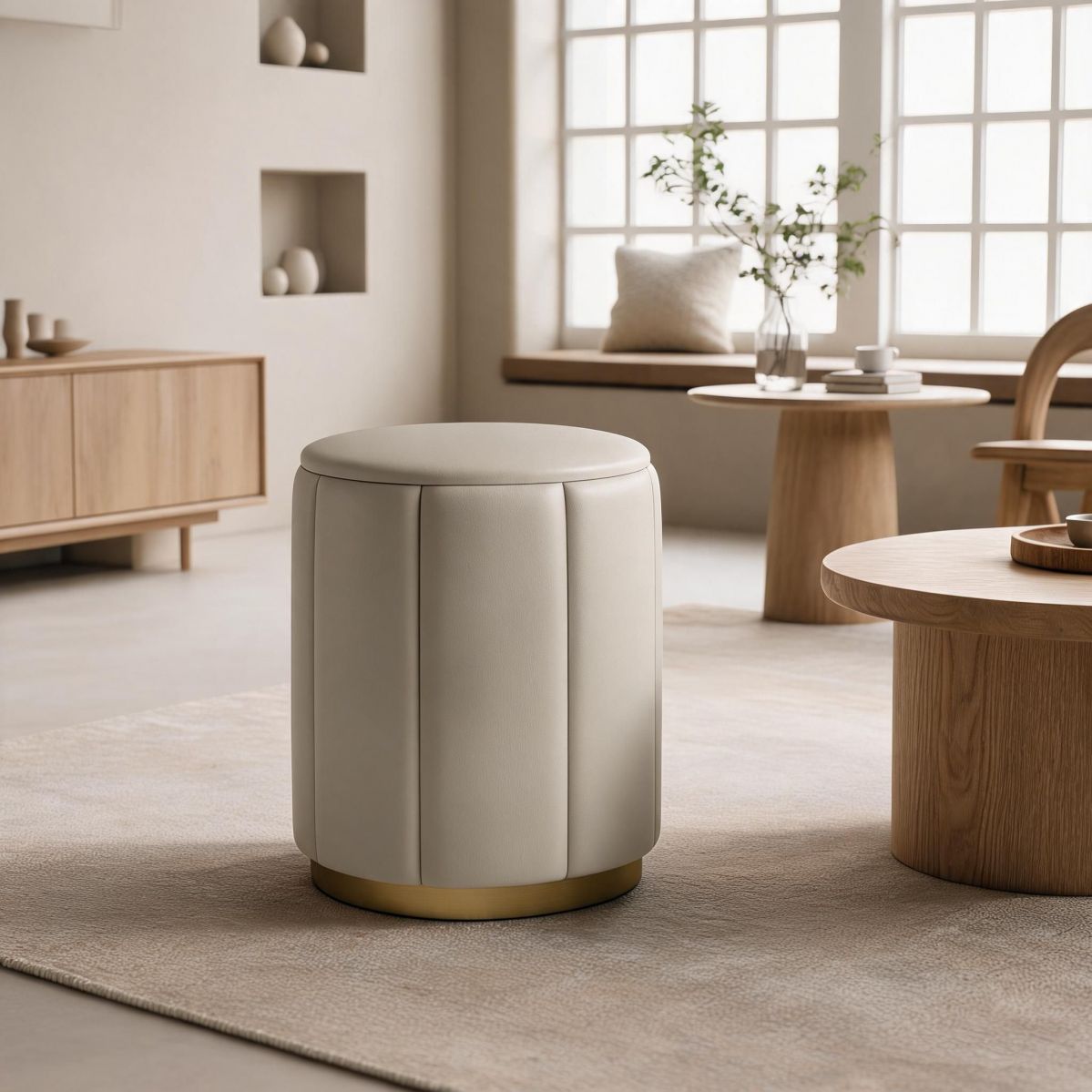 Beige Upholstered Vanity Stool with Round Seat and Pedestal Base