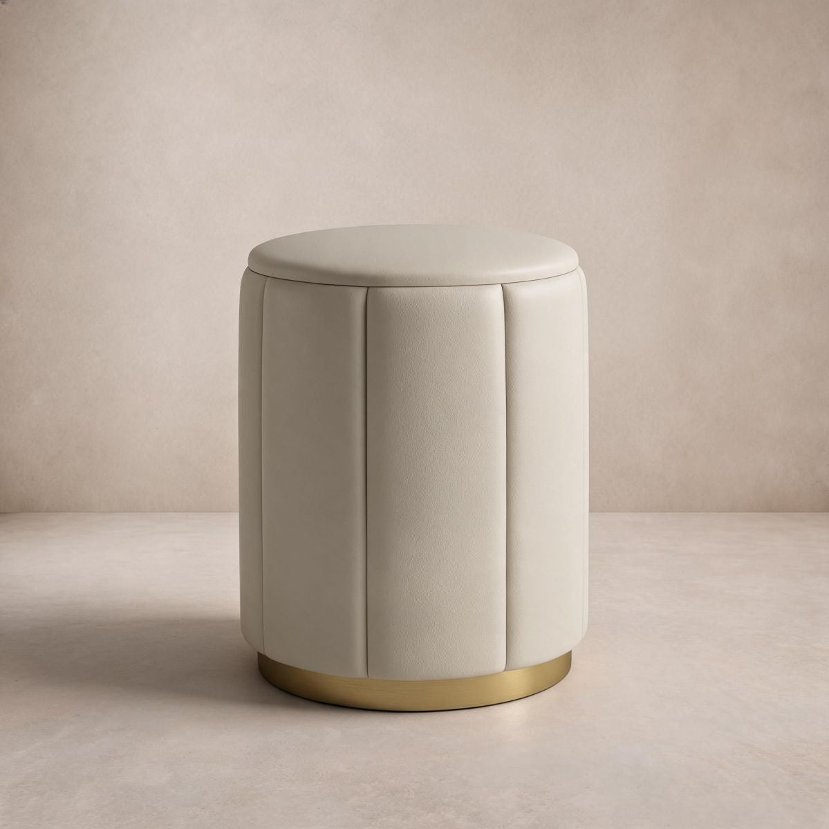 Beige Upholstered Vanity Stool with Round Seat and Pedestal Base
