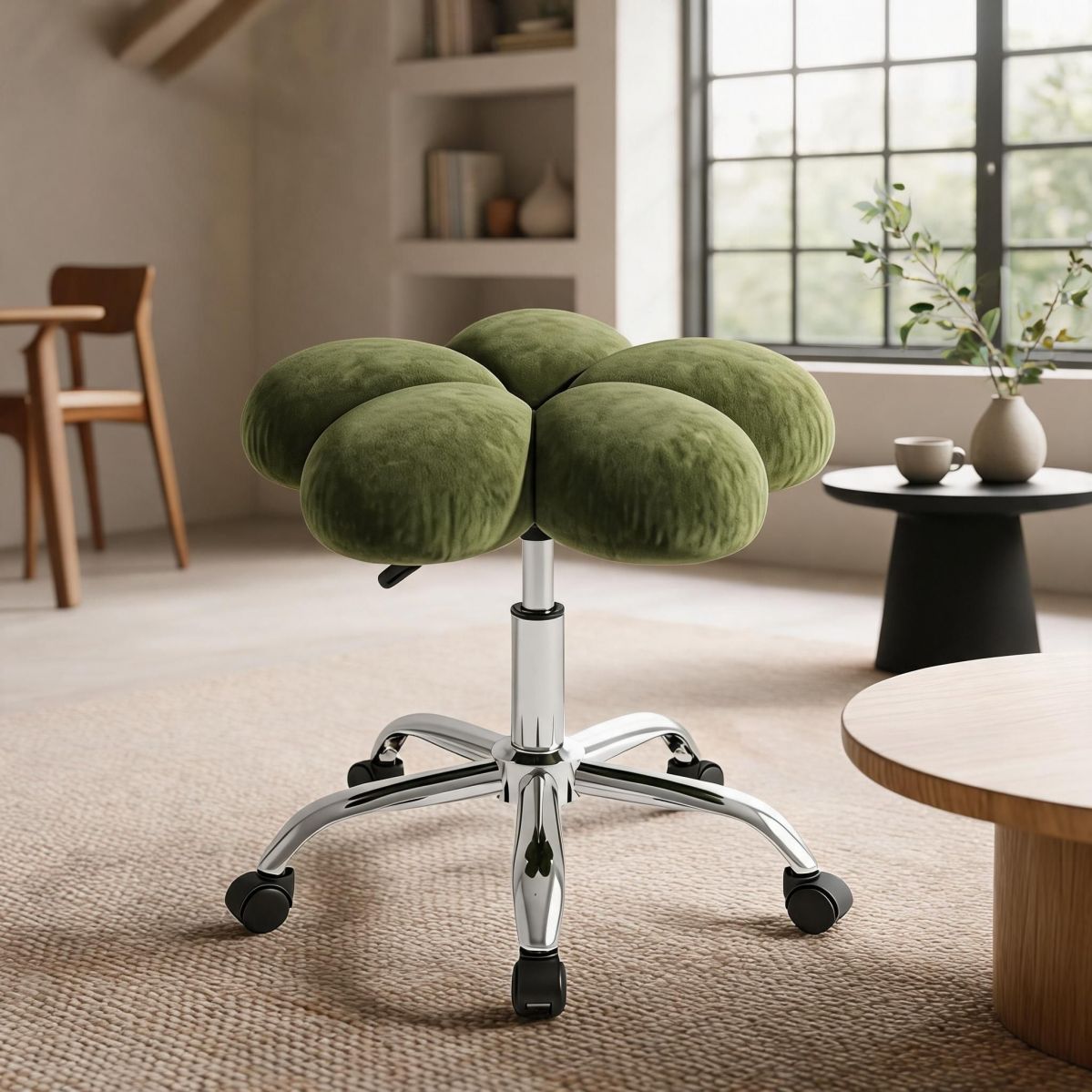 Dark Green Adjustable Swivel Vanity Stool with Flower-Shaped Upholstered Seat and Metal Base