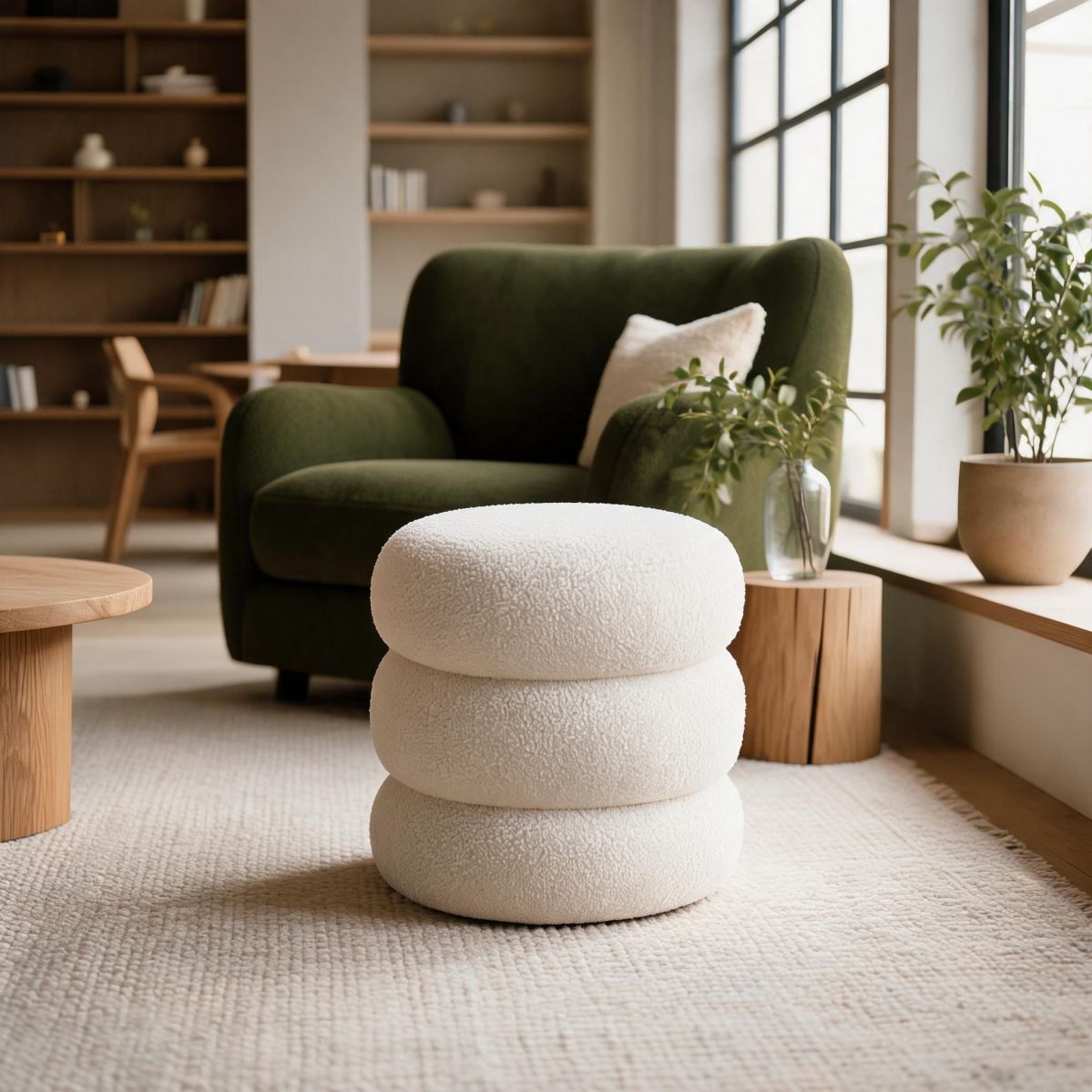 Cream Bouclé Vanity Stool with Hidden Storage, Upholstered Seat and Turned Wood Legs