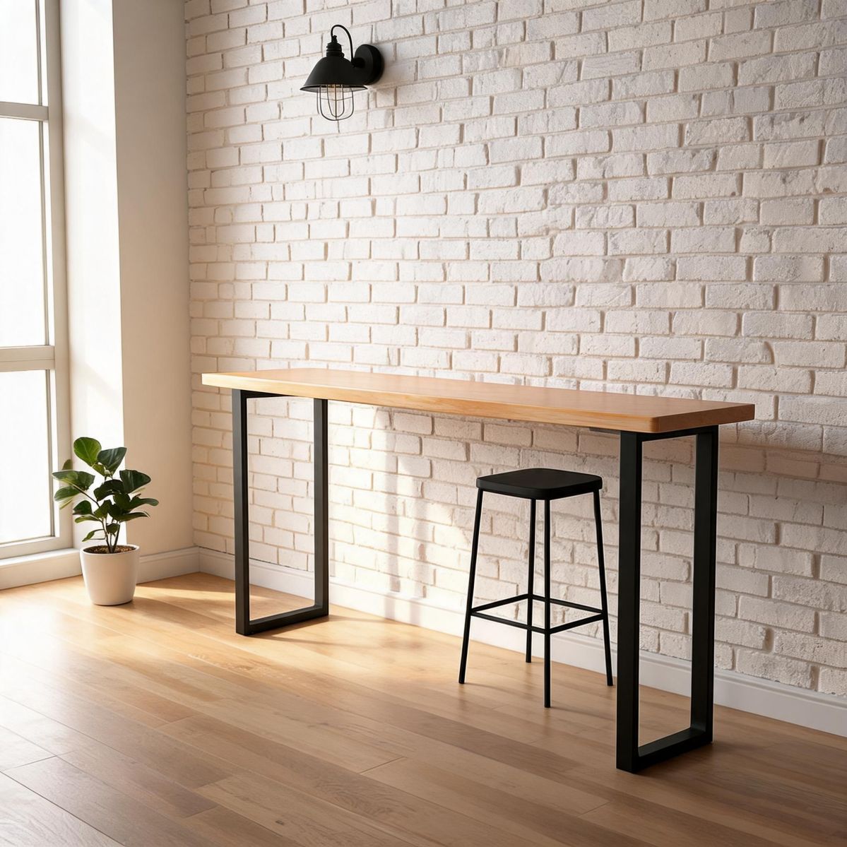 47-Inch Industrial Bar Table with Wood Top and Metal Sled Base