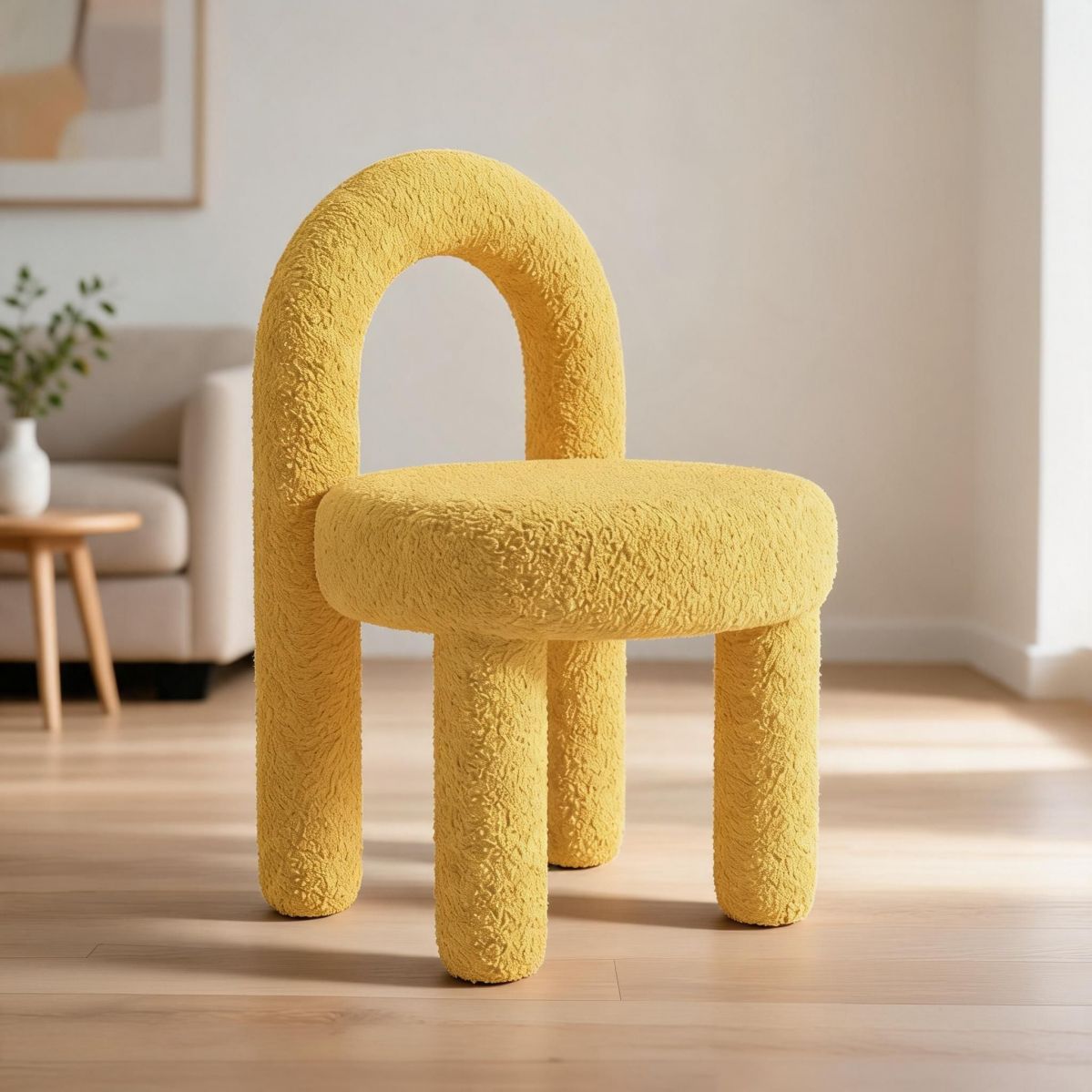 Yellow Sherpa Vanity Stool with Rounded Back and Upholstered Seat