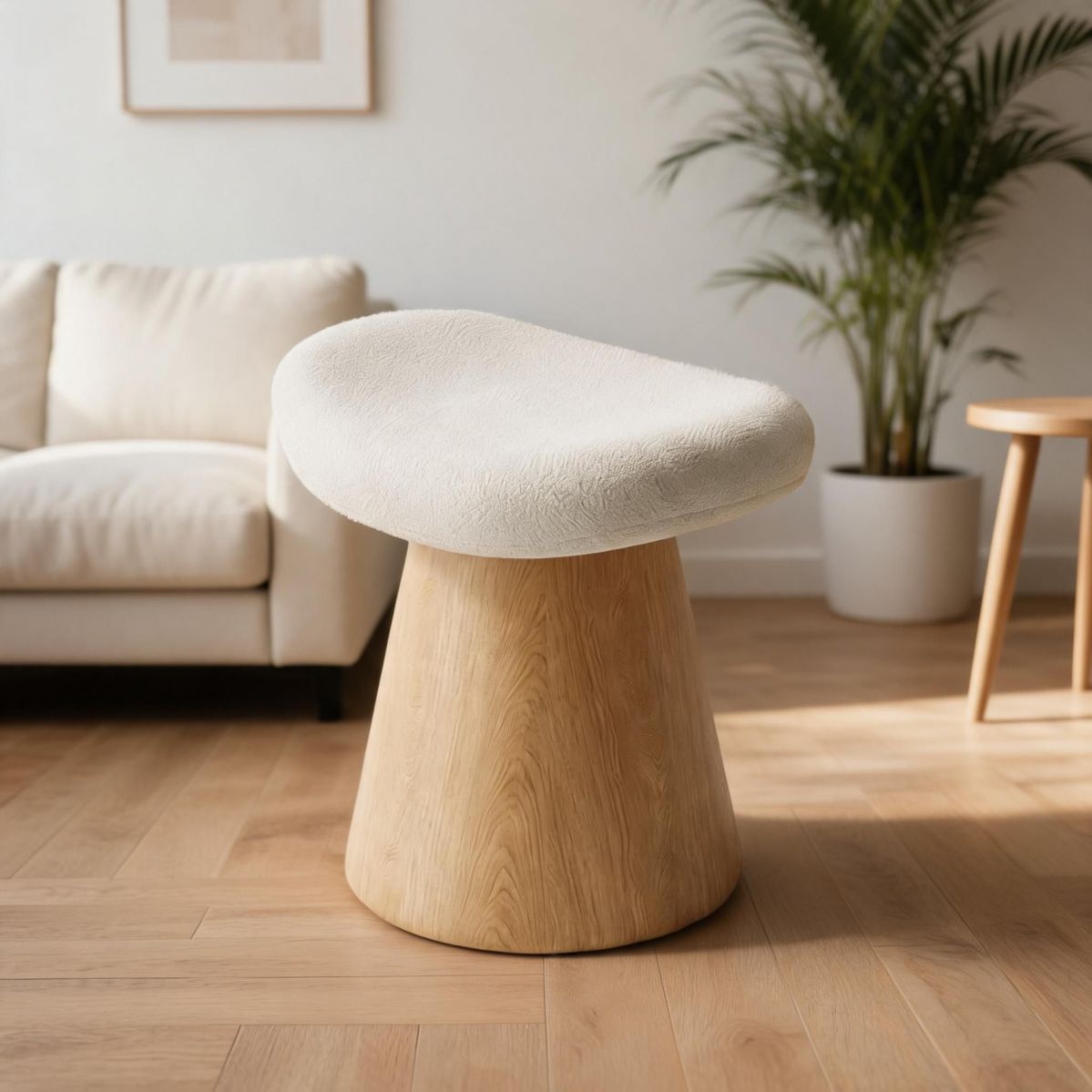 Cream Upholstered Swivel Vanity Stool with Wood-Grain Base and Crescent Seat