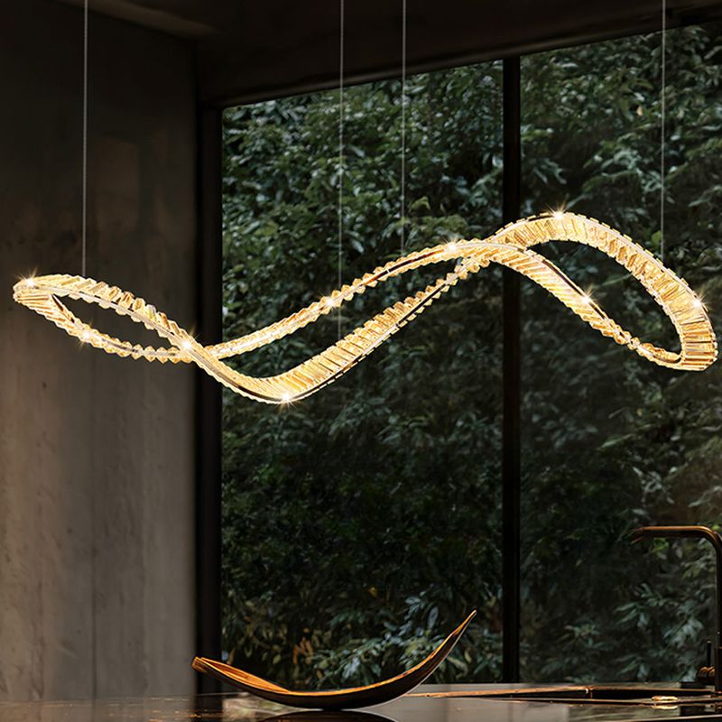 59-Inch Gold Crystal Polygonal Kitchen Island Pendant Light with 3 Colour Temperatures and Adjustable Hanging Length