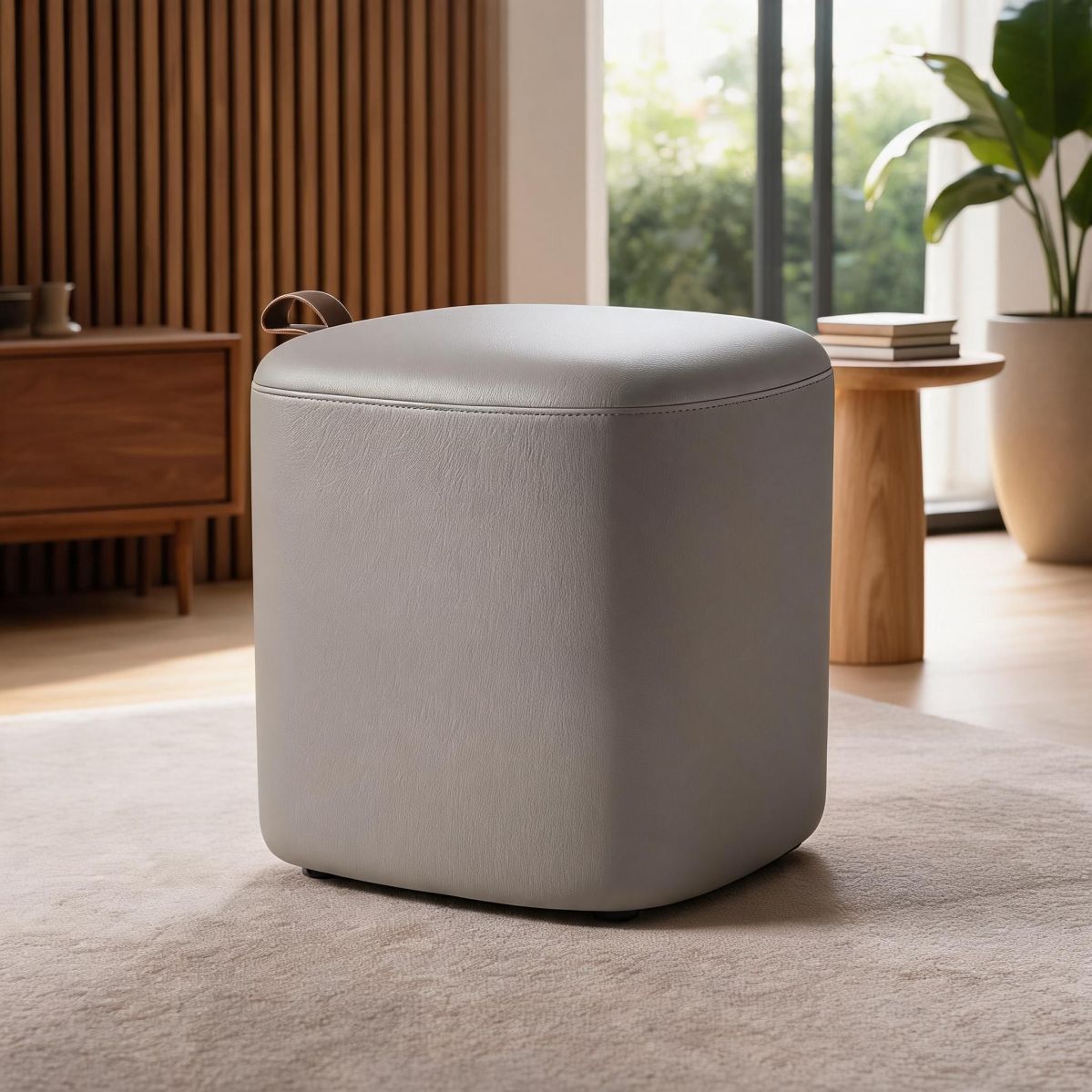 Charcoal Grey Upholstered Vanity Stool with Faux Leather Seat and Wood Frame