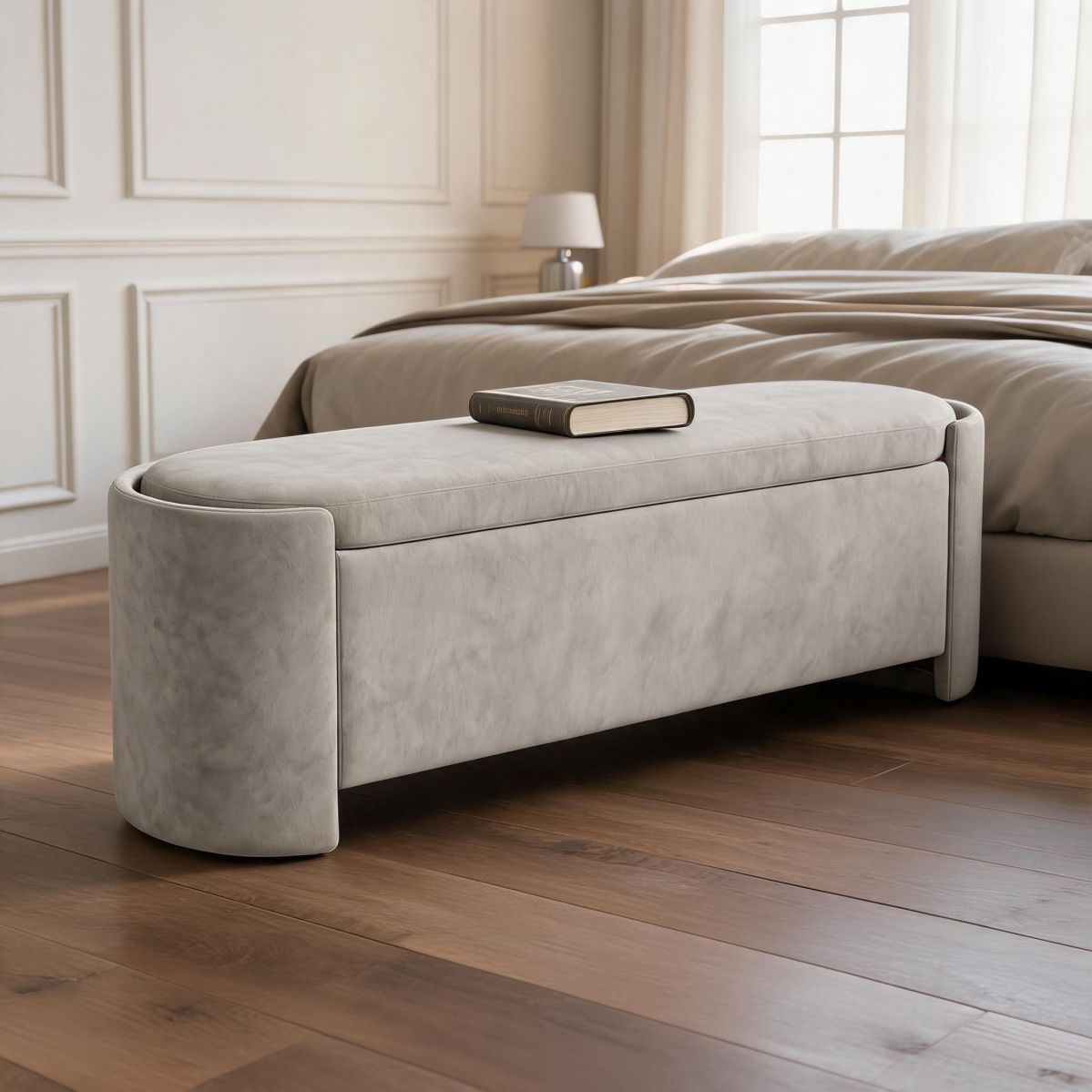 59-Inch Grey Upholstered Storage Bench with Flip-Top Lid and Hidden Storage