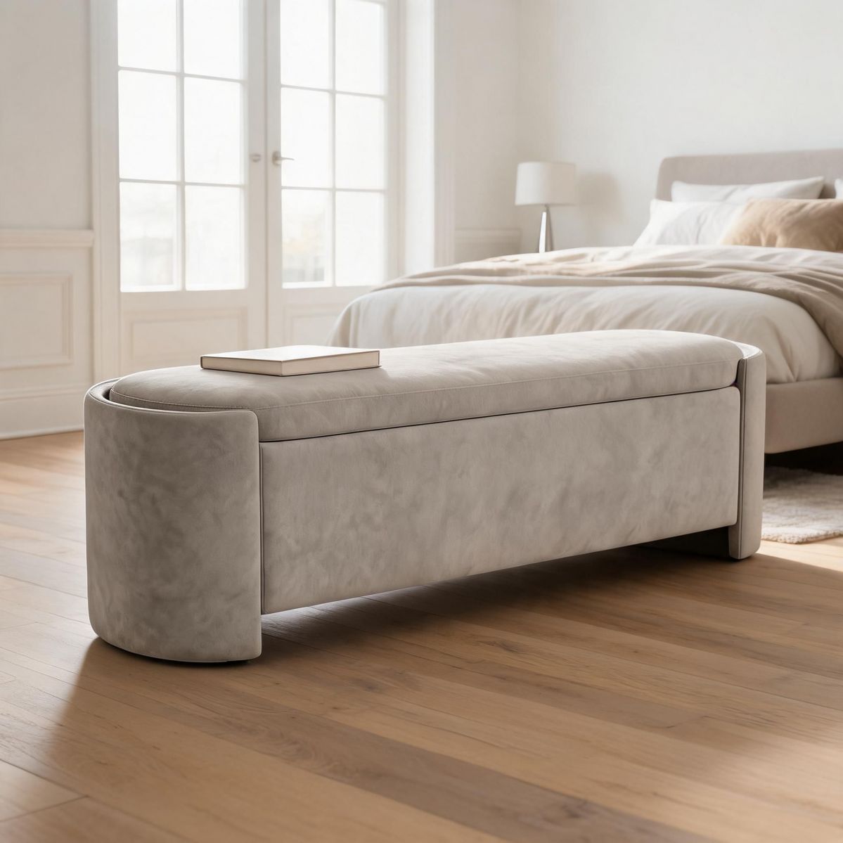 59-Inch Grey Upholstered Storage Bench with Flip-Top Lid and Hidden Storage