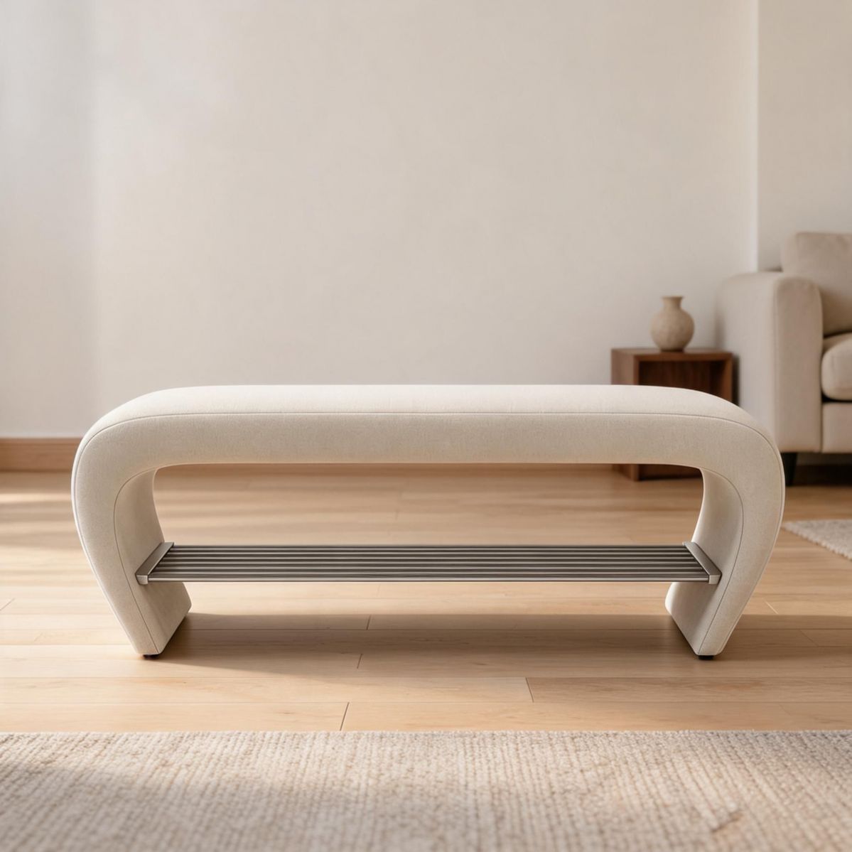 31-Inch Cream Faux Leather Entryway Bench with Curved Seat and Open Shoe Shelf