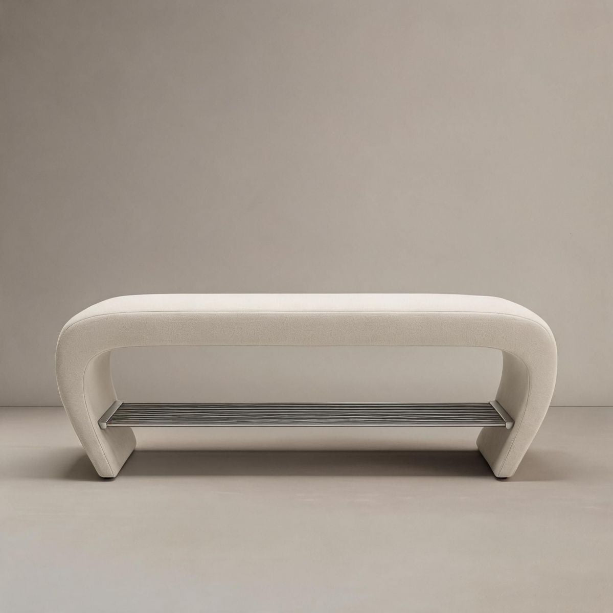31-Inch Cream Faux Leather Entryway Bench with Curved Seat and Open Shoe Shelf