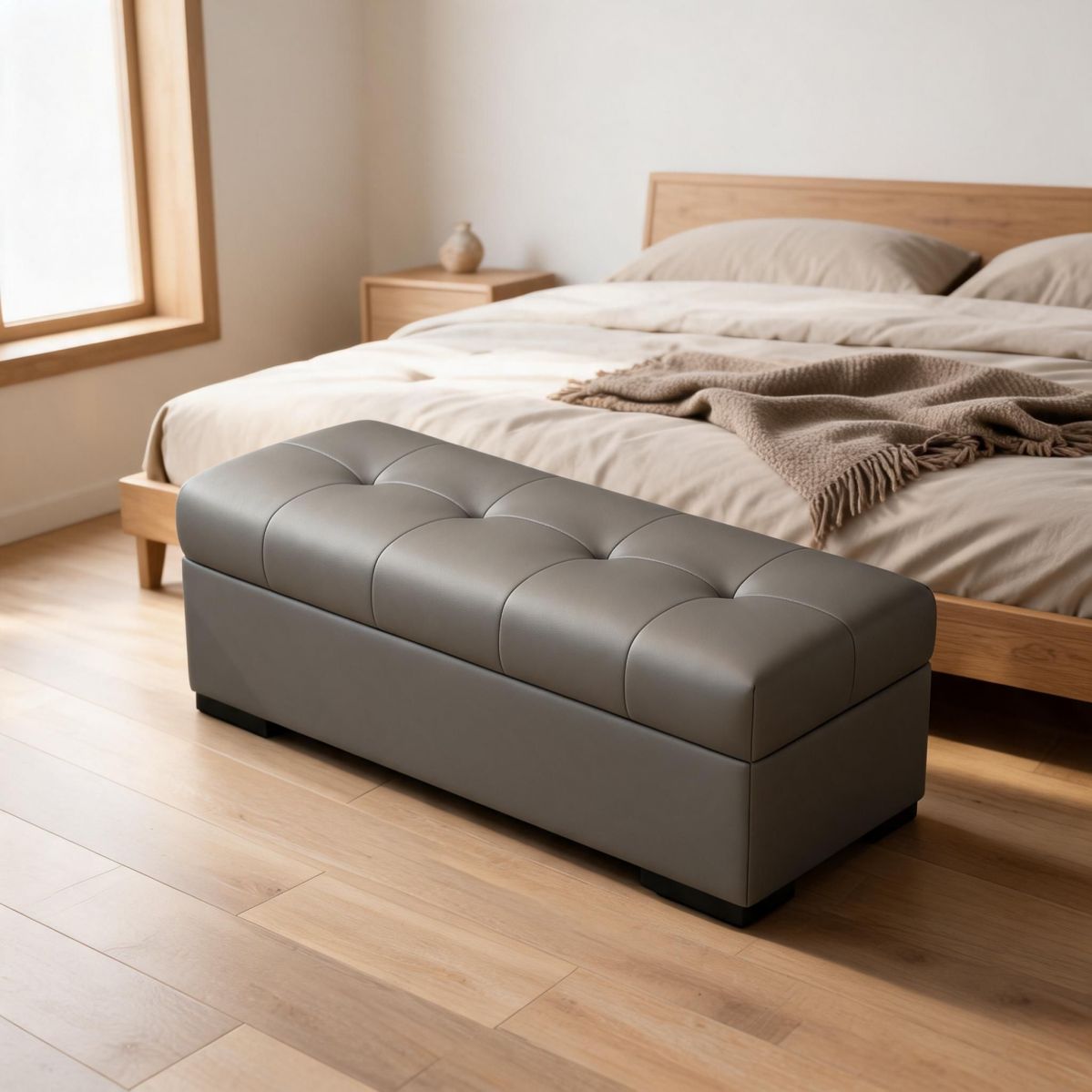 24-Inch Light Grey Faux Leather Storage Bench with Tufted Flip-Top Seat