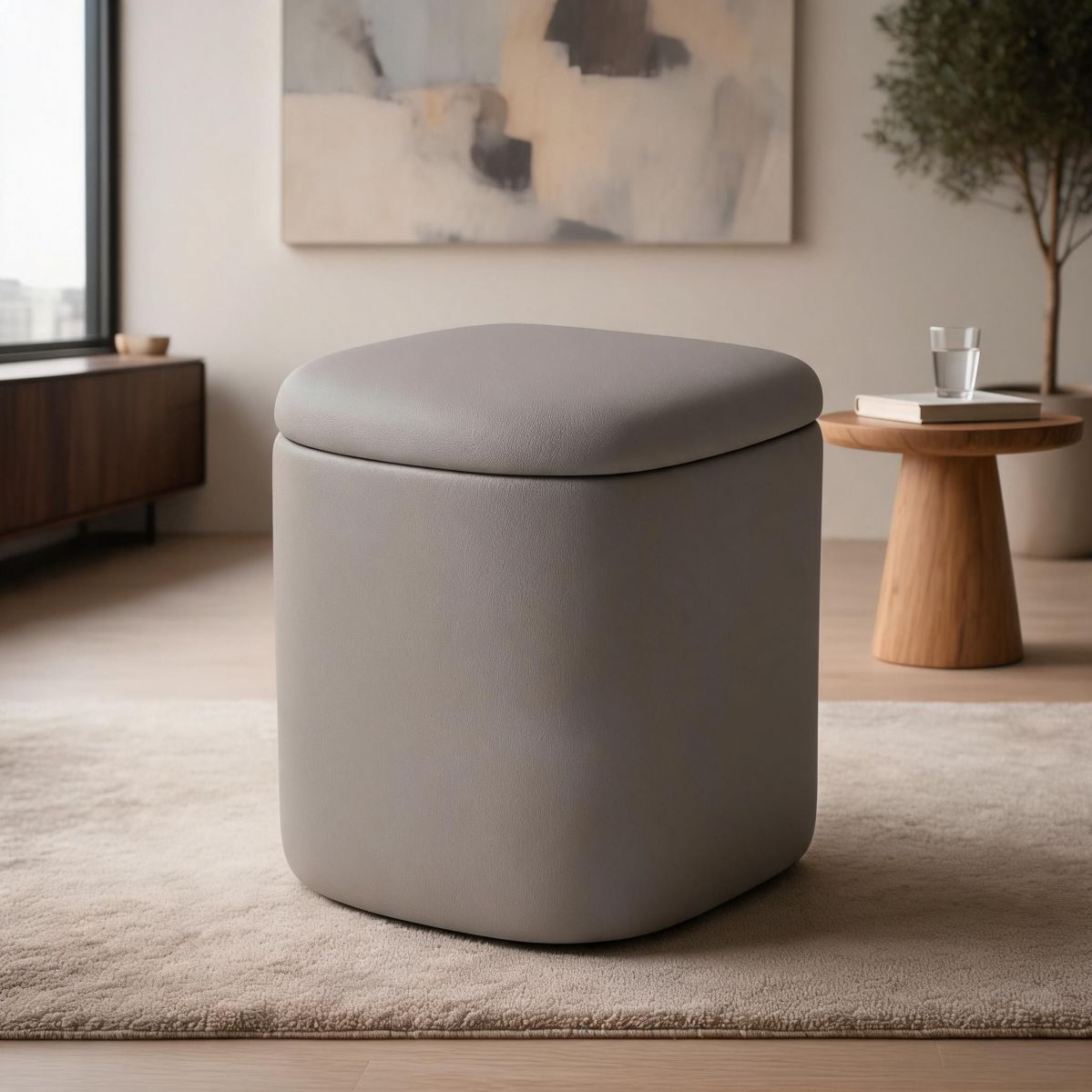 Charcoal Grey Upholstered Vanity Stool with Faux Leather Seat and Wood Frame