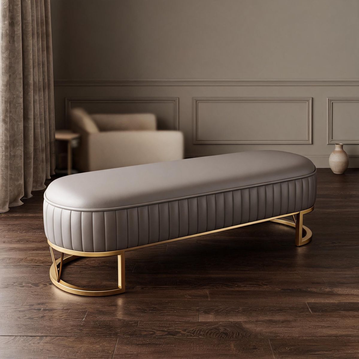 39-Inch Grey Faux Leather Bench with Rounded Seat and Metal Base