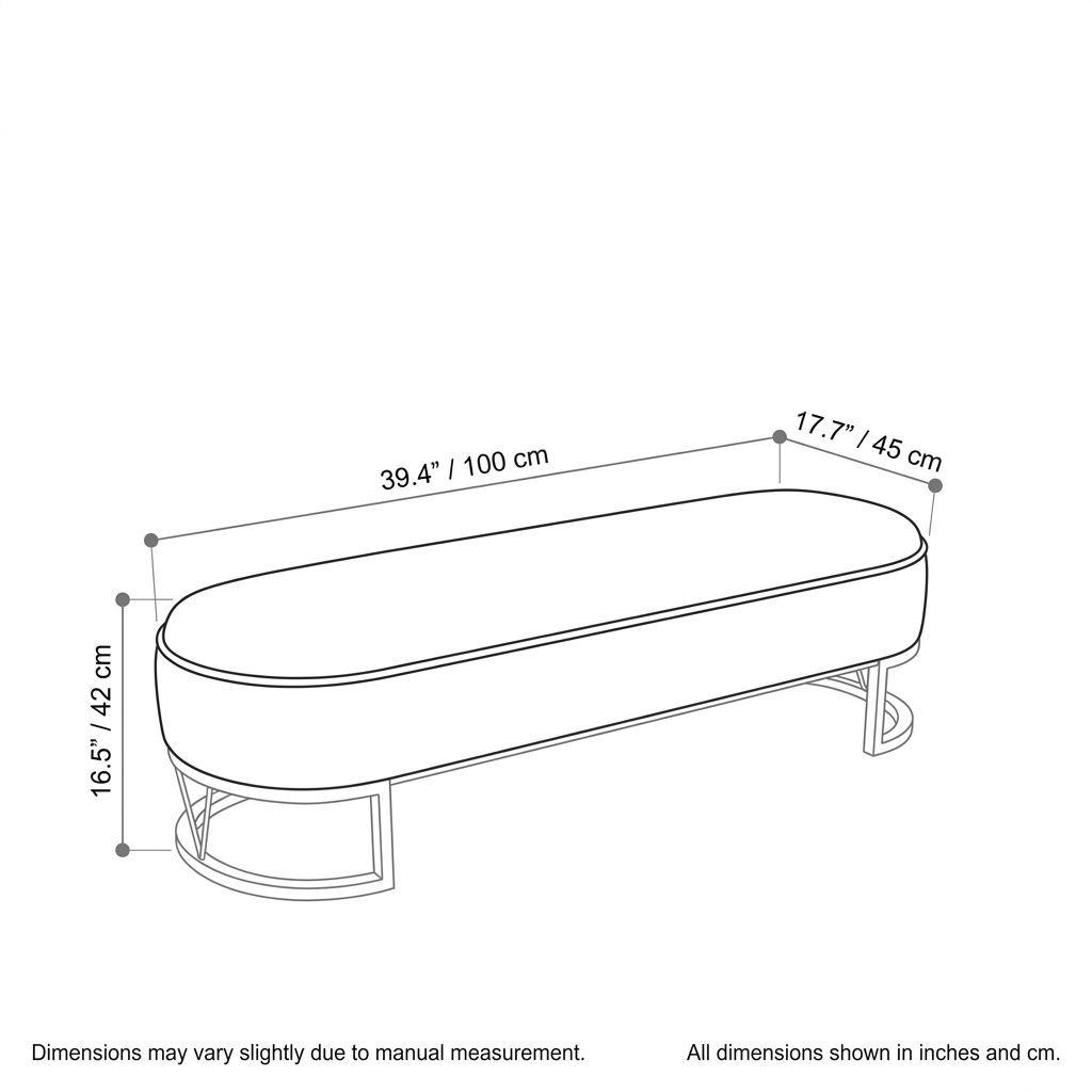 39-Inch Grey Faux Leather Bench with Rounded Seat and Metal Base