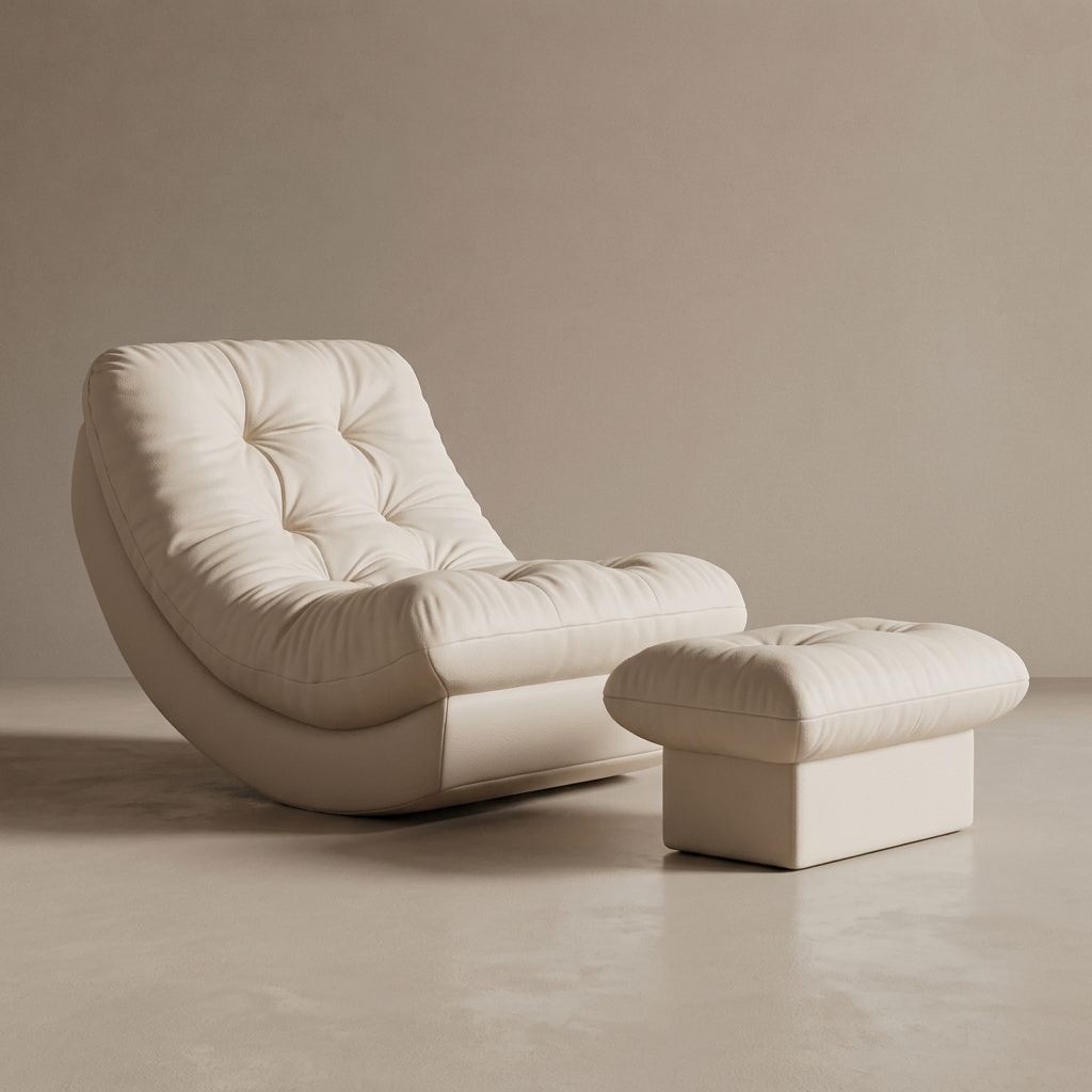 Cream White Upholstered Rocking Lounge Chair with Ottoman and Tufted Curved Design