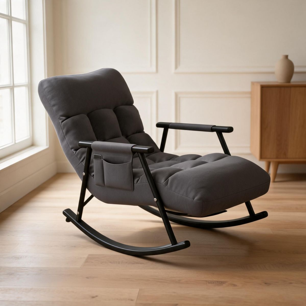 Dark Grey Faux Leather Adjustable Rocking Recliner Chair with Side Pocket