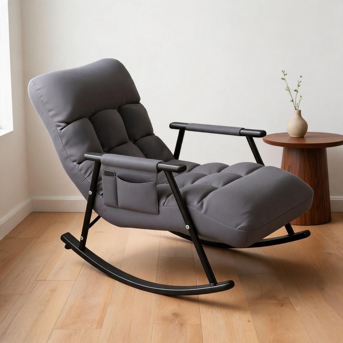 Dark Grey Faux Leather Adjustable Rocking Recliner Chair with Side Pocket