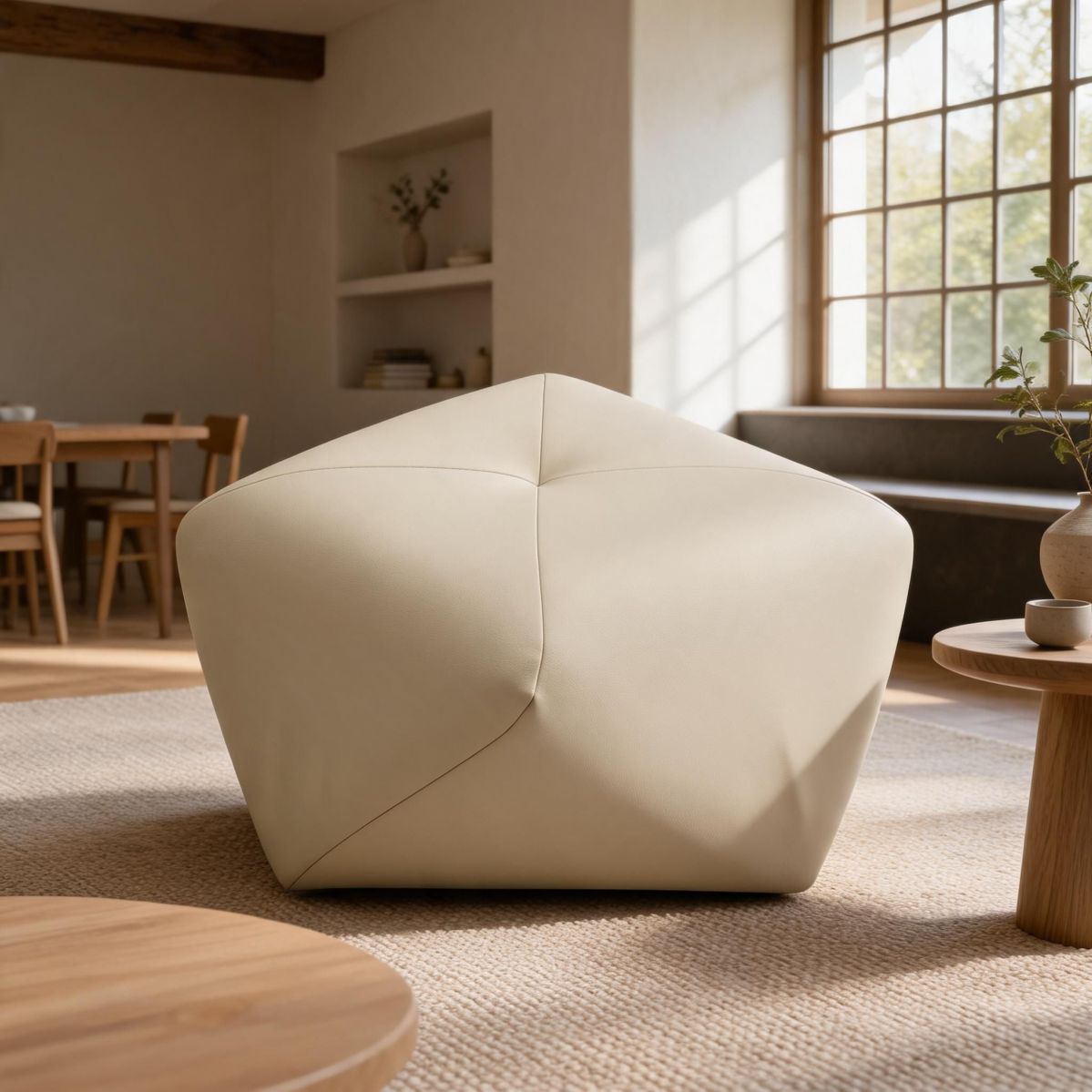 Cream Faux Leather Accent Stool with Upholstered Seat and Geometric Pedestal Base