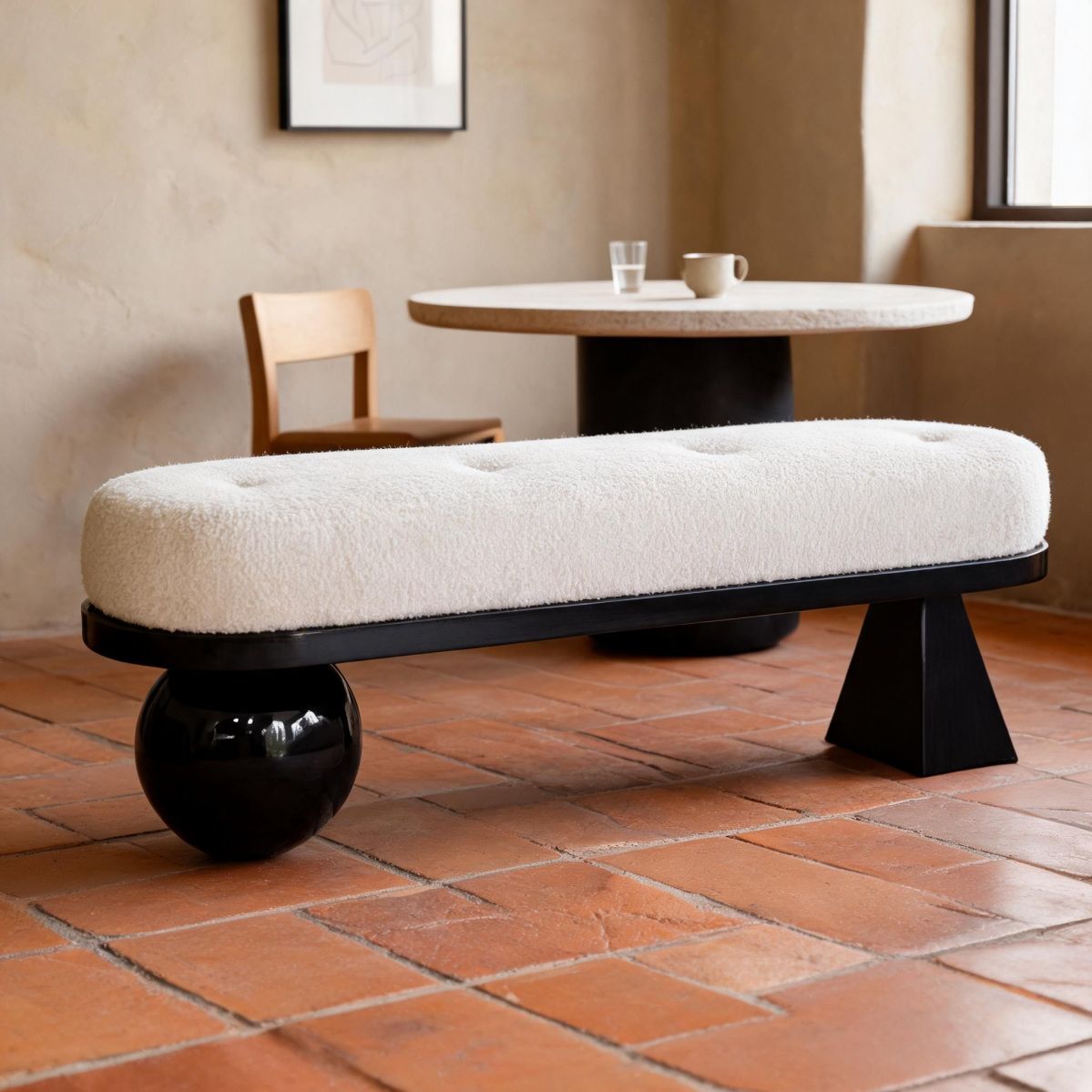 31-Inch Sherpa Bedroom Bench with Solid Wood Frame and Sculptural Base