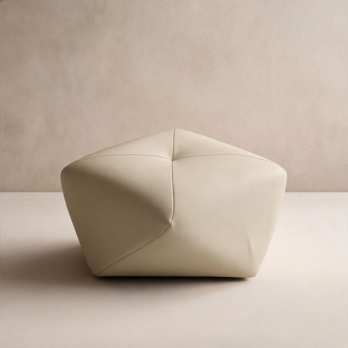Cream Faux Leather Accent Stool with Upholstered Seat and Geometric Pedestal Base