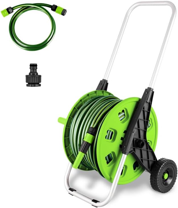 50M Mobile Garden Hose Trolley Set (48.5m Pipe + 1.5m Hose), Freestanding Water Hose Reel Cart with Wheels, Spray Gun & Connectors, High Pressure Washer Compatible for Garden & Car