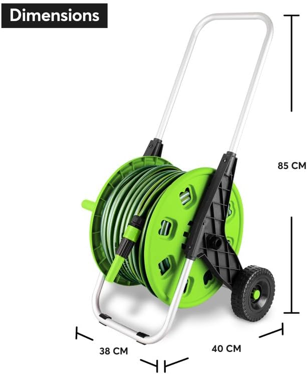 50M Mobile Garden Hose Trolley Set (48.5m Pipe + 1.5m Hose), Freestanding Water Hose Reel Cart with Wheels, Spray Gun & Connectors, High Pressure Washer Compatible for Garden & Car