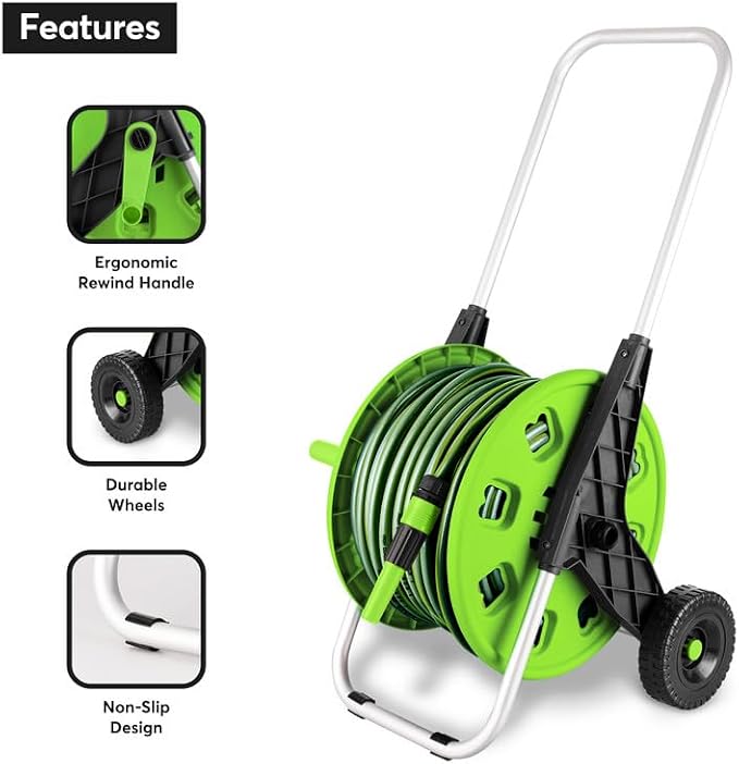 50M Mobile Garden Hose Trolley Set (48.5m Pipe + 1.5m Hose), Freestanding Water Hose Reel Cart with Wheels, Spray Gun & Connectors, High Pressure Washer Compatible for Garden & Car