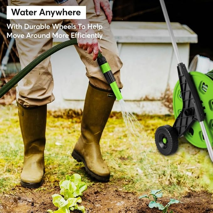 50M Mobile Garden Hose Trolley Set (48.5m Pipe + 1.5m Hose), Freestanding Water Hose Reel Cart with Wheels, Spray Gun & Connectors, High Pressure Washer Compatible for Garden & Car