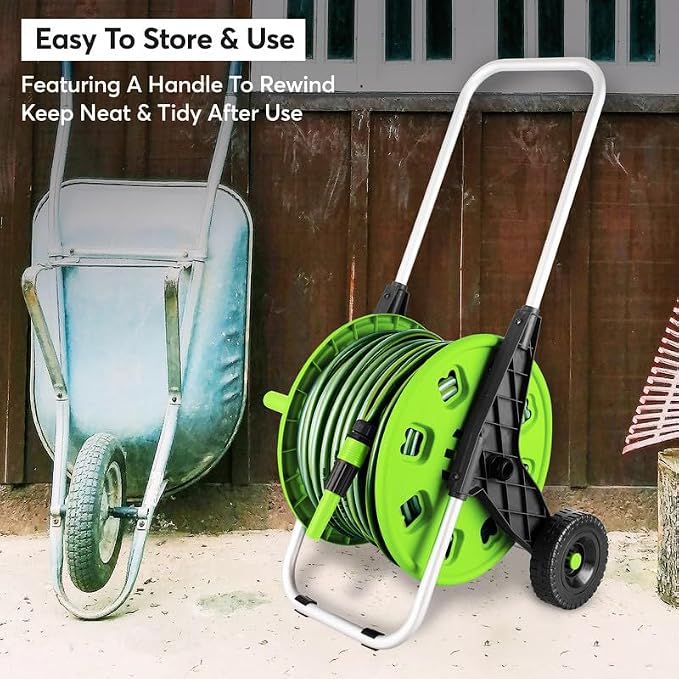 50M Mobile Garden Hose Trolley Set (48.5m Pipe + 1.5m Hose), Freestanding Water Hose Reel Cart with Wheels, Spray Gun & Connectors, High Pressure Washer Compatible for Garden & Car