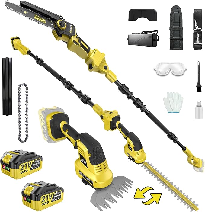 6-in-1 Cordless Pole Saw and Hedge Trimmer, 8" Brushless Mini Chainsaw with Extension Pole to 14ft, 0-180° Adjustable Head, 2x4.0Ah Battery Powered Garden Pruning Tools for Fence & Tree