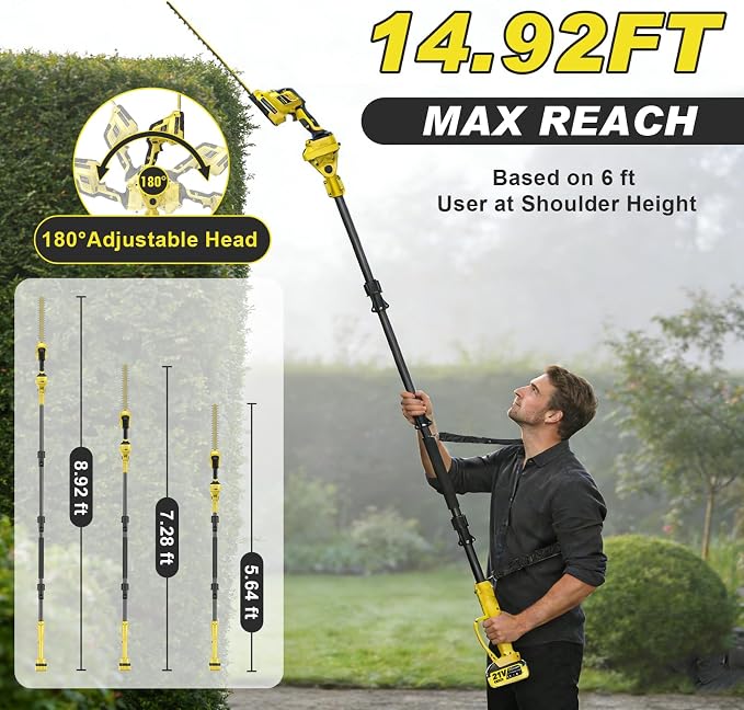 6-in-1 Cordless Pole Saw and Hedge Trimmer, 8" Brushless Mini Chainsaw with Extension Pole to 14ft, 0-180° Adjustable Head, 2x4.0Ah Battery Powered Garden Pruning Tools for Fence & Tree