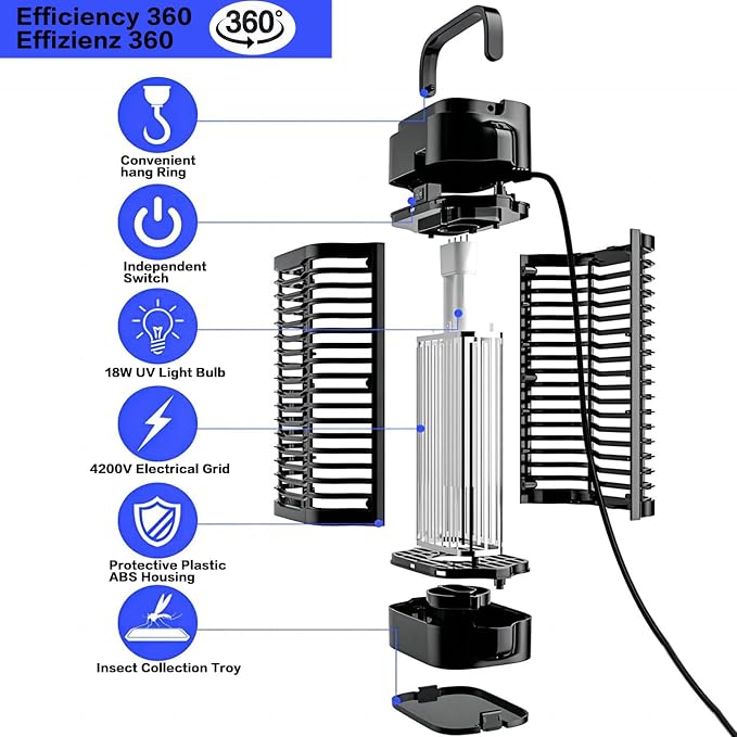 4200V Bug Zapper & Mosquito Killer Lamp, 18W Waterproof Electric Fly Zapper for Indoor Outdoor, Flying Insect Control Device for Garden Patio Home