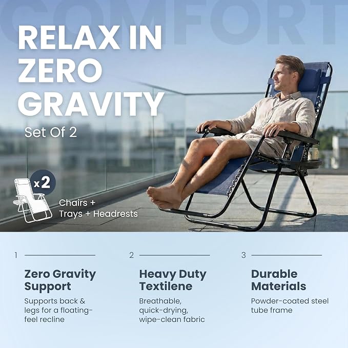 Zero Gravity Chairs Set of 2, Textilene Garden Recliners, 170° Navy