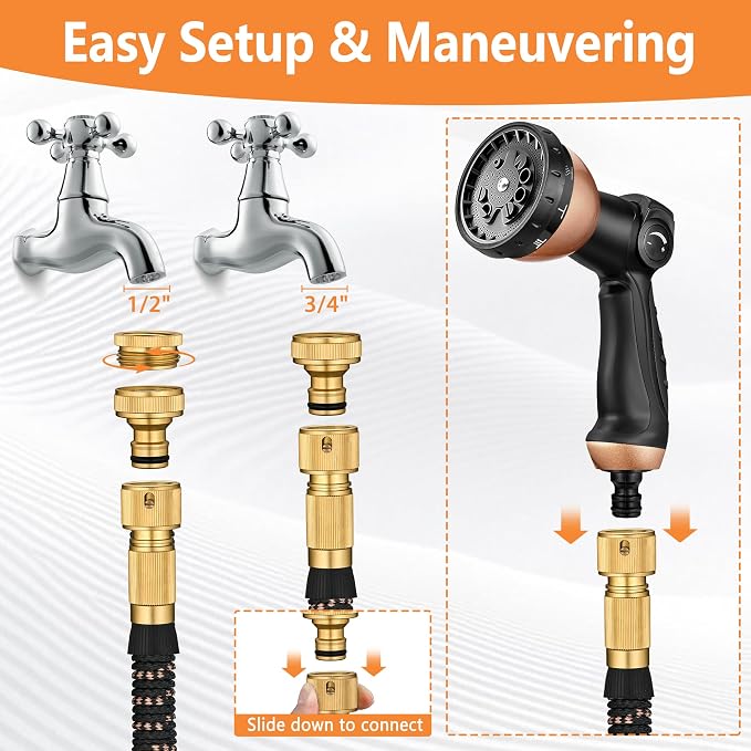 100FT/30m Expandable Garden Hose Pipe Set, Flexible Kink-Free Water Hose with 10 Function Spray Gun & Quick Connectors, Durable Heavy Duty Expanding Hose (Black Gold)