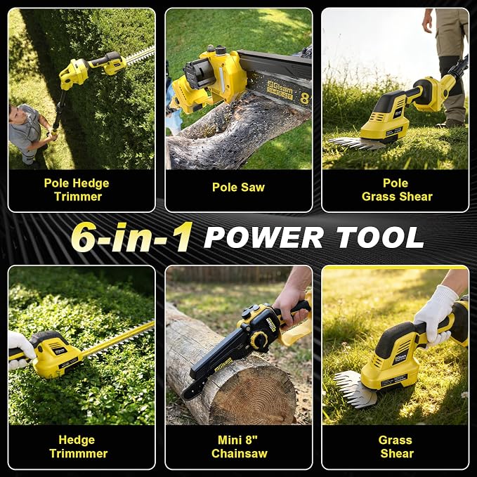6-in-1 Cordless Pole Saw and Hedge Trimmer, 8" Brushless Mini Chainsaw with Extension Pole to 14ft, 0-180° Adjustable Head, 2x4.0Ah Battery Powered Garden Pruning Tools for Fence & Tree