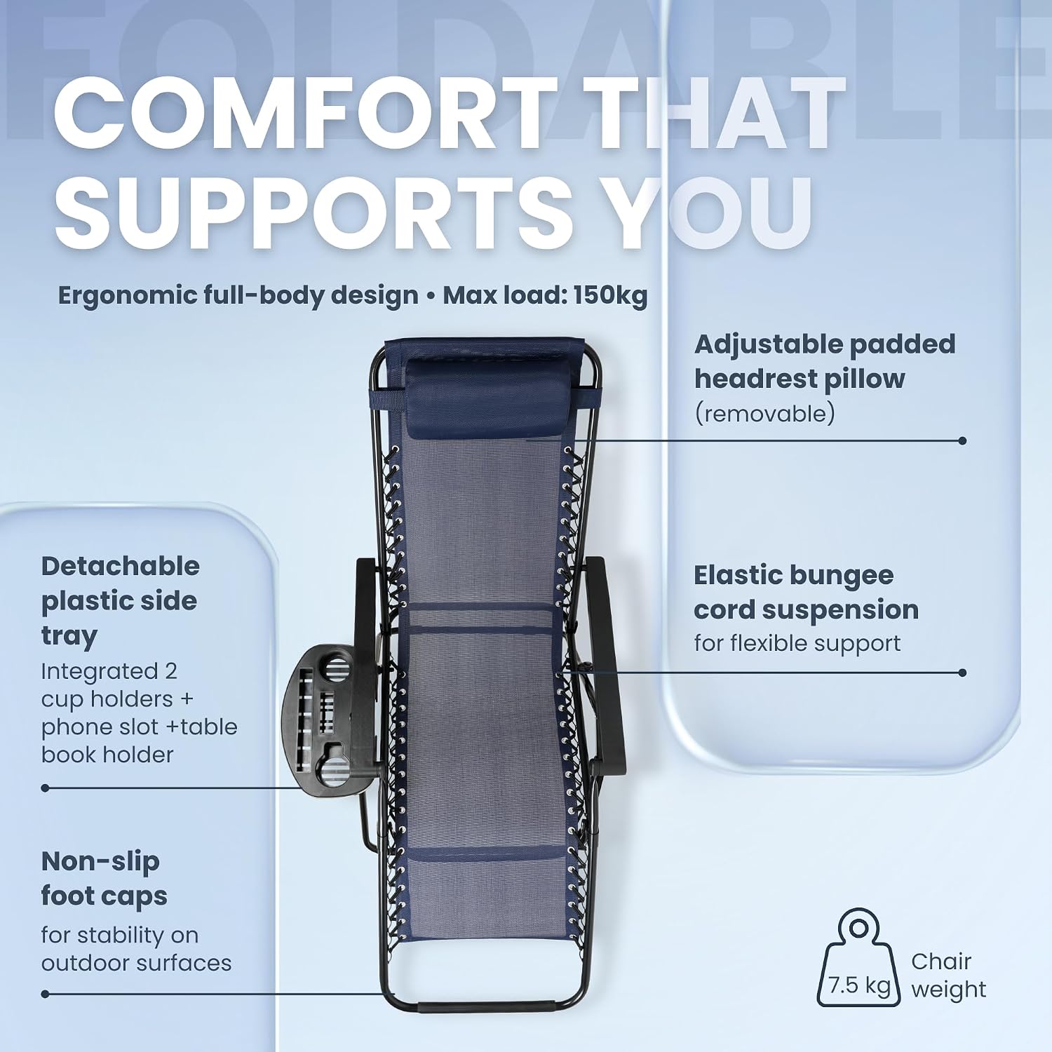 Zero Gravity Chairs Set of 2, Textilene Garden Recliners, 170° Navy